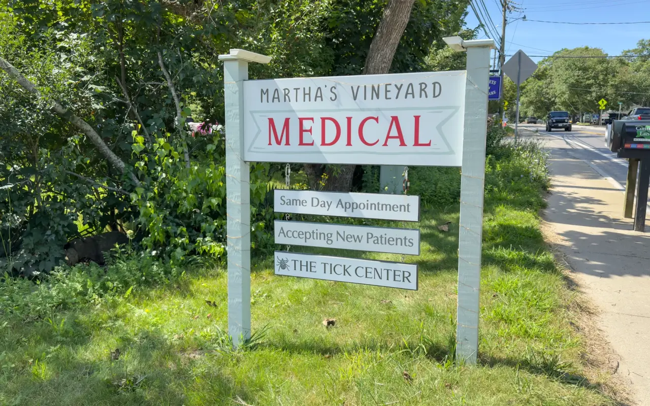 Roadside sign for Martha’s Vineyard Medical and The Tick Center on State Road in Vineyard Haven