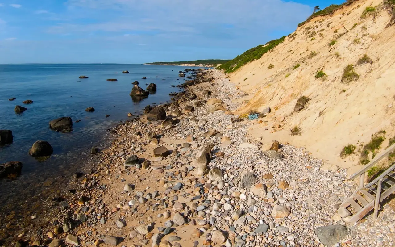 Stony shoreline below the Menemsha Hills bluff on Vineyard Sound