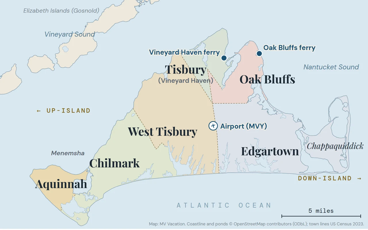 Map of Martha's Vineyard showing the six towns, Aquinnah, Chilmark, West Tisbury, Tisbury (Vineyard Haven), Oak Bluffs and Edgartown, with Chappaquiddick, the ferry terminals and the airport