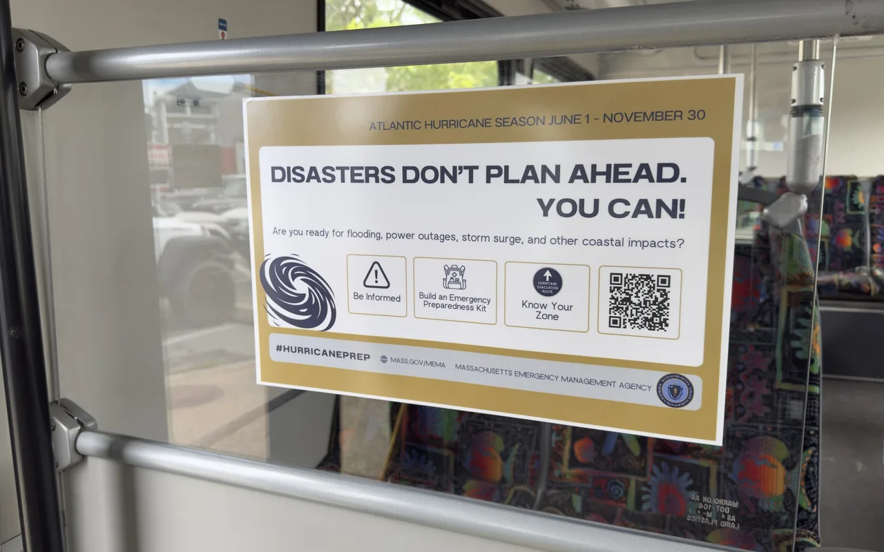 MEMA hurricane preparedness poster on a VTA bus: hurricane season June 1 to November 30, be informed, build a kit, know your zone