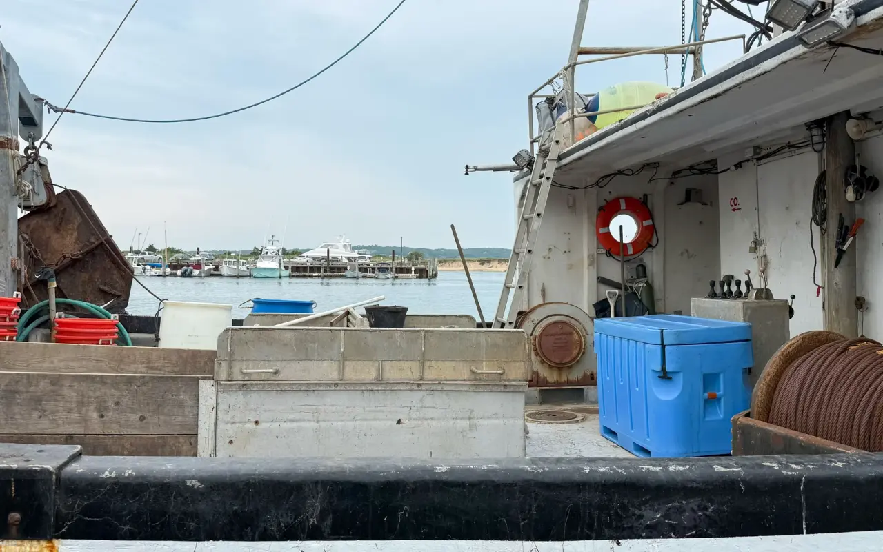 Deck of a commercial fishing boat tied up in Menemsha harbor