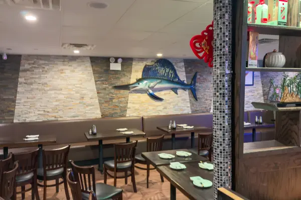The dining room at Mikado Asian Bistro on Main Street, sailfish included.