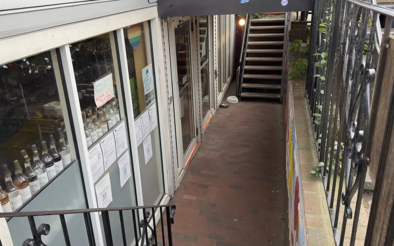 Looking down the outside stairs to a basement cafe entrance in Oak Bluffs: a brick walkway between glass walls, bottles of coffee syrup and handwritten notes in the window, a rainbow heart, water bowls for dogs by the door and a second stair at the far end