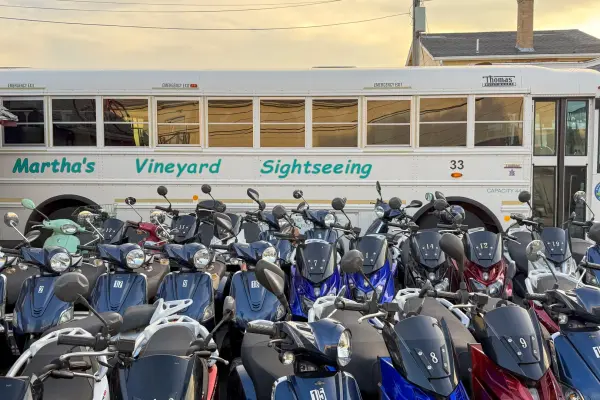 Moped rentals lined up near the harbor