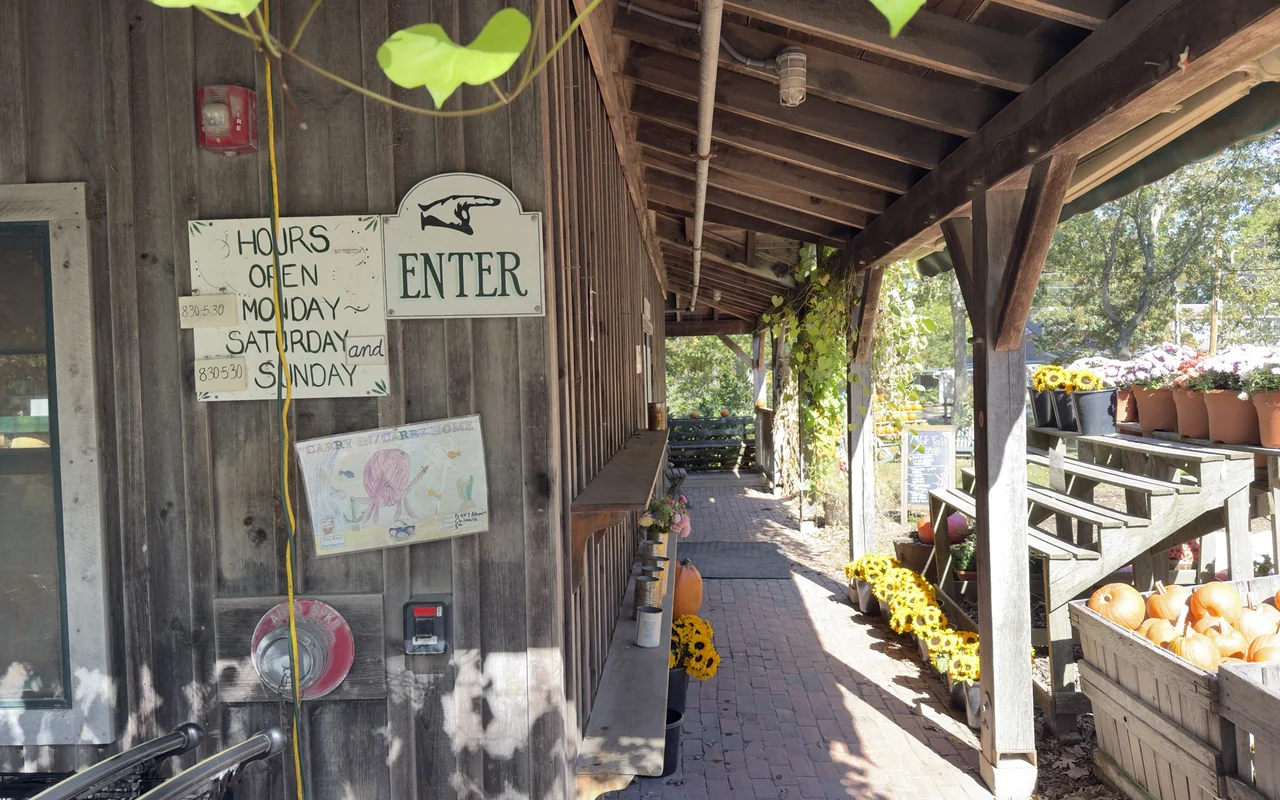 A covered wooden porch with a hand-painted hours sign and an Enter sign, sunflowers in buckets and a crate of pumpkins beside a brick walk