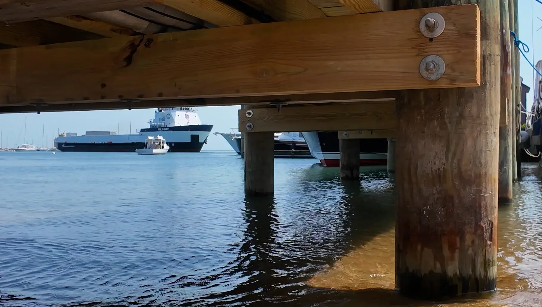 Harbor view from under the pier in Vineyard Haven