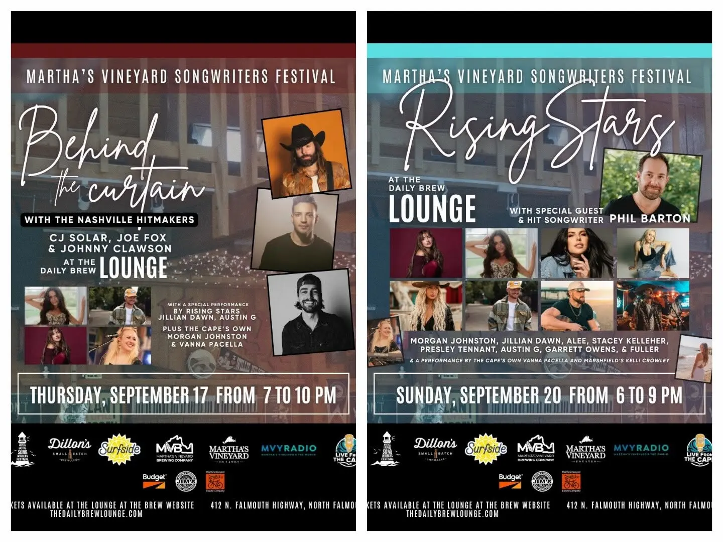 Two Martha's Vineyard Songwriters Festival posters for the Daily Brew Lounge in North Falmouth