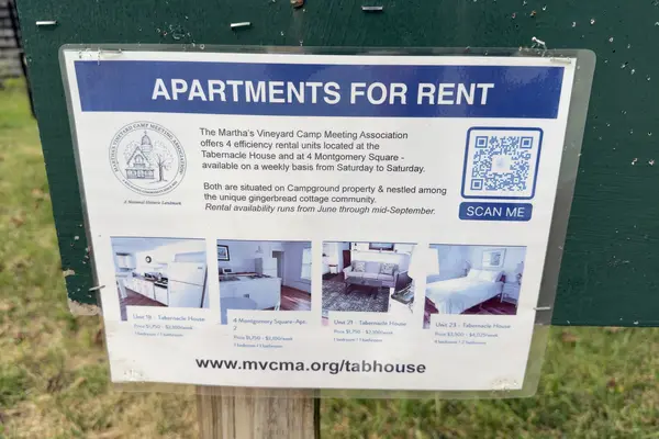 The Camp Meeting Association's apartments-for-rent sign in the Campground