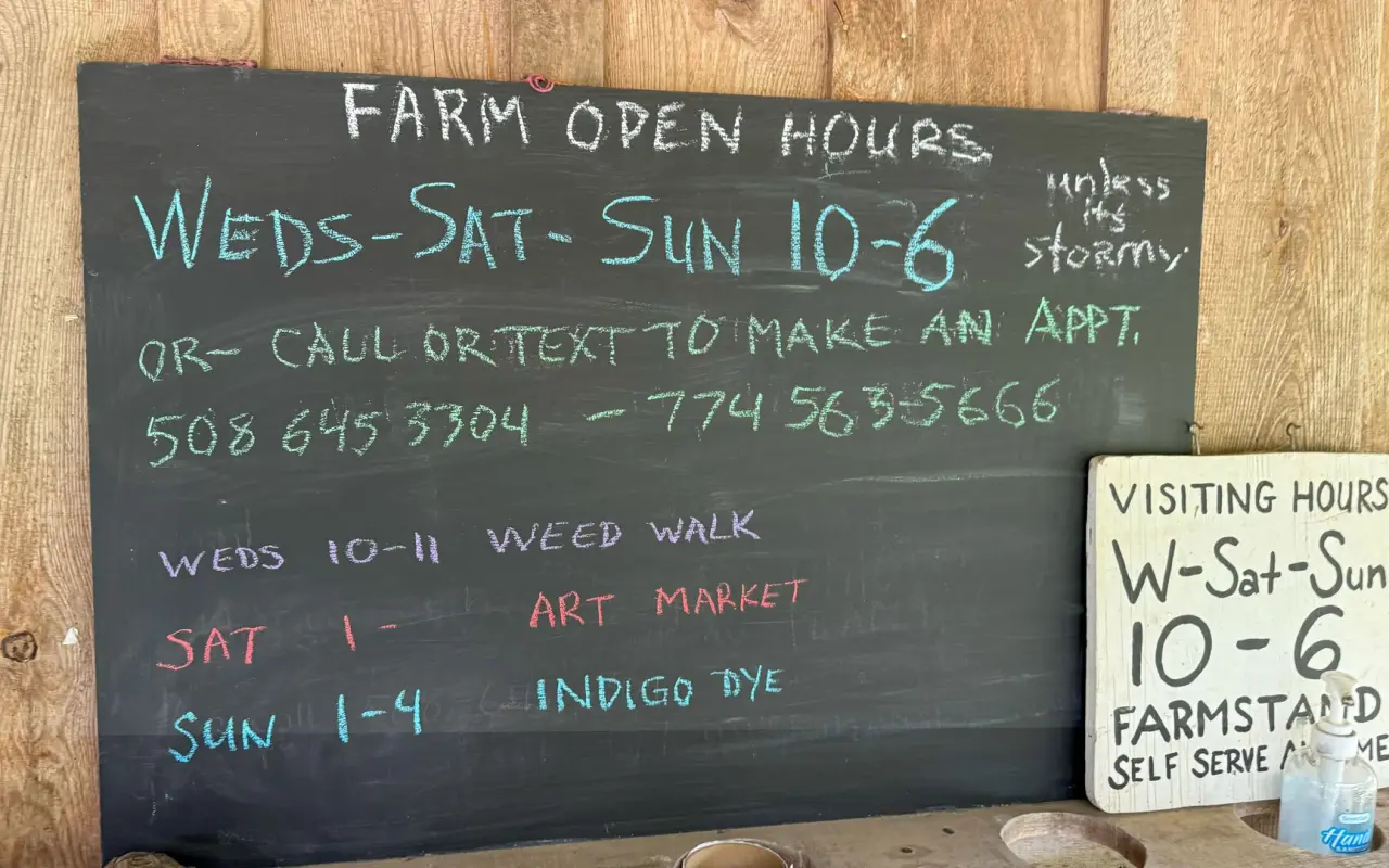 Chalkboard listing farm open hours and activities at Native Earth Teaching Farm in Chilmark