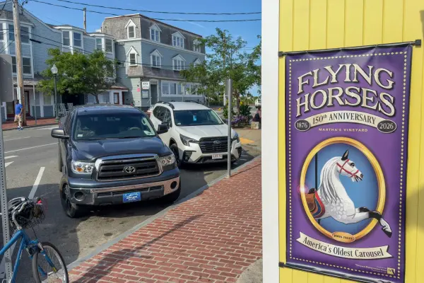A Flying Horses 150th anniversary poster in town