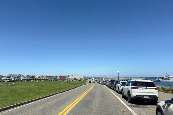 Sea View Avenue along Ocean Park, parking full, wharf straight ahead.