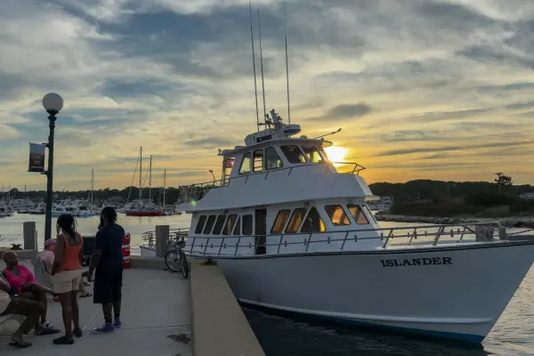The Islander settling into the harbor at golden hour
