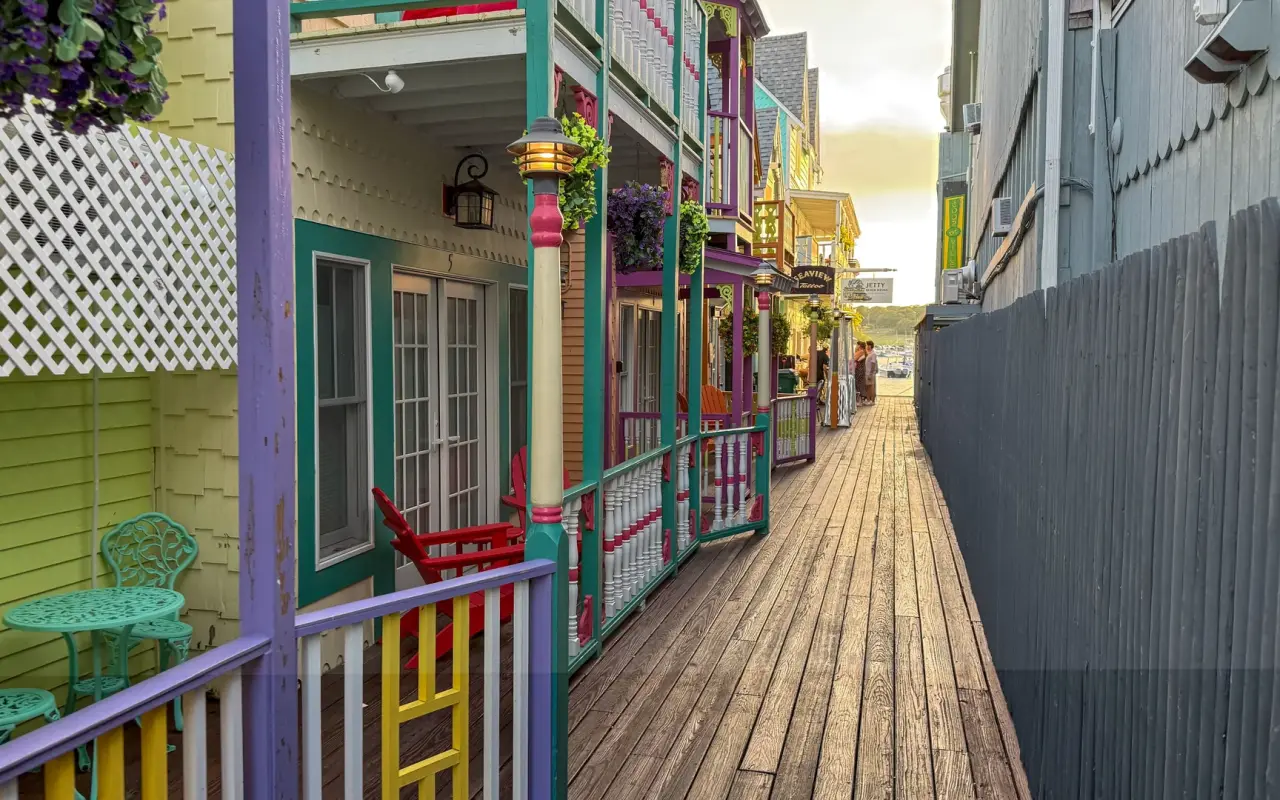 Colorful painted shop alley near the Oak Bluffs harbor