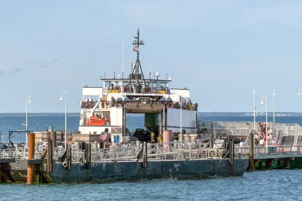 A loaded ferry at the Oak Bluffs terminal in August