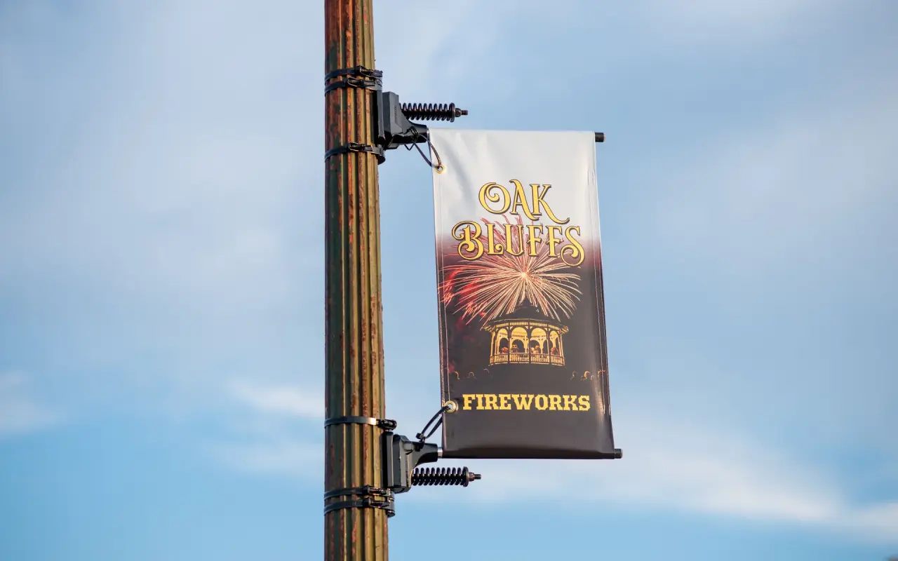 Oak Bluffs Fireworks street banner on a lamp pole