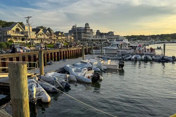 Dinghies tied up in Oak Bluffs Harbor at sunset