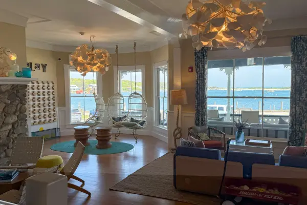 Summercamp hotel lounge looking out over Oak Bluffs Harbor