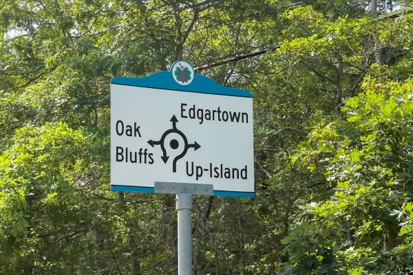 The three-way directions sign: Edgartown, Oak Bluffs, Up-Island