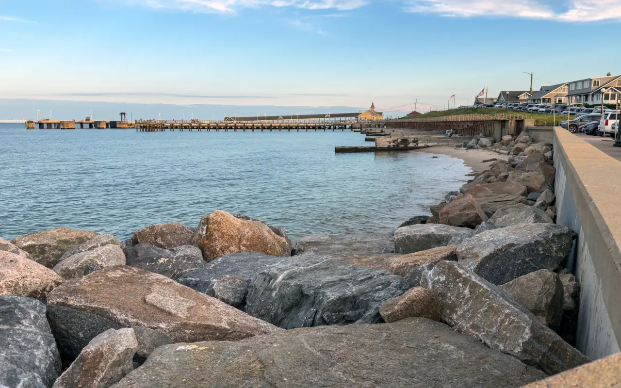 View along the Oak Bluffs seawall toward the Steamship Authority wharf