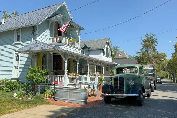 A vintage pickup parked outside the gingerbread cottages, Oak Bluffs