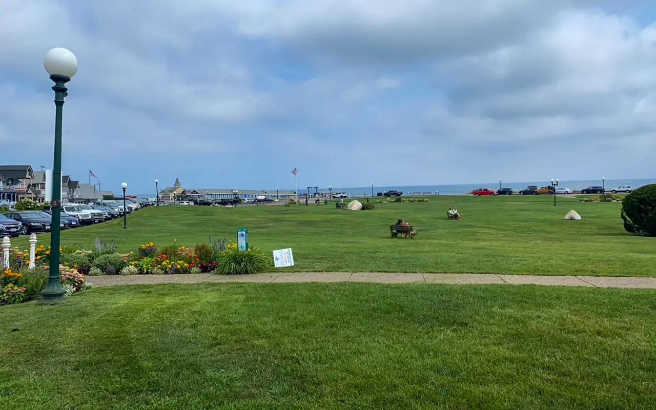 Ocean Park lawn in Oak Bluffs with the sea beyond