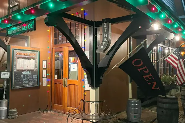 Offshore Ale under its winter lights, open as always.