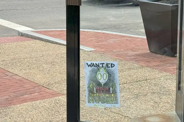 Hand-drawn "Wanted: Space Invaders" gig poster for a P.A. Club show