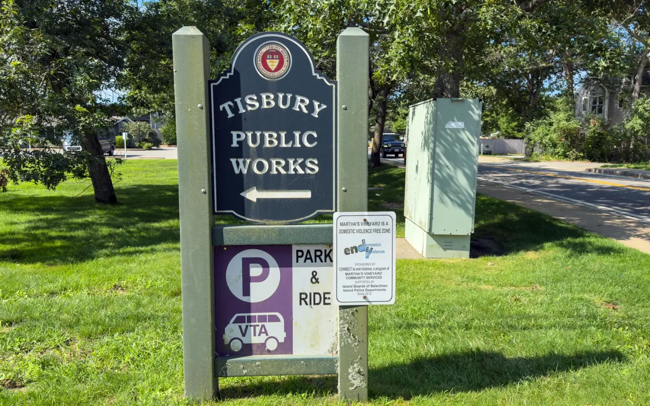 Tisbury Park and Ride sign at the Public Works entrance in Vineyard Haven