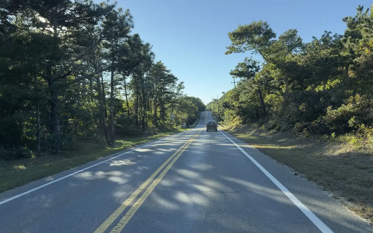 A straight two-lane road rising and dipping through pitch pines and oak scrub under a clear blue sky, a pickup truck ahead