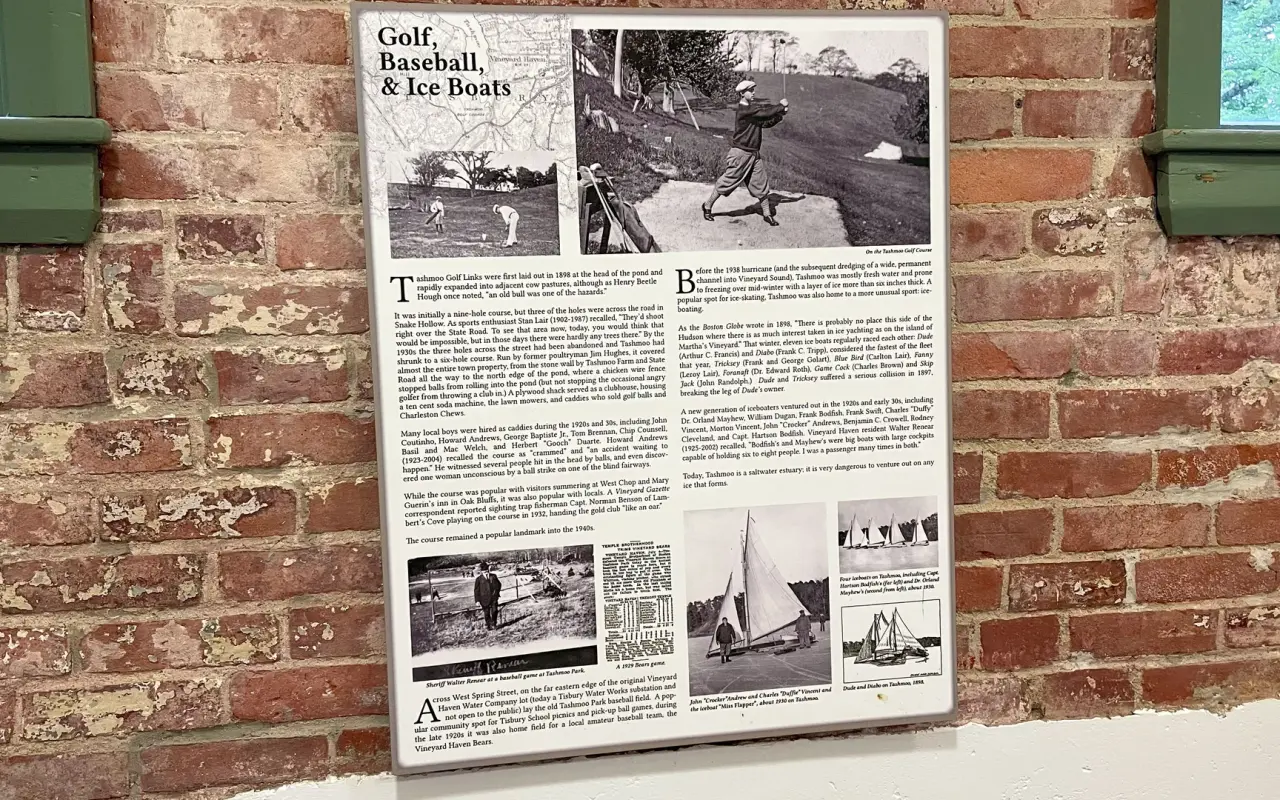 Historical exhibit panel about golf baseball and ice boats at the Tashmoo Spring Building in Vineyard Haven