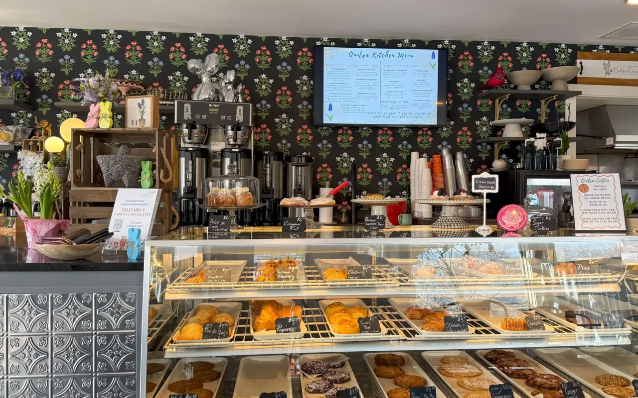 Pastry counter filled with baked goods at Quitsa Kitchen bakery cafe in Vineyard Haven