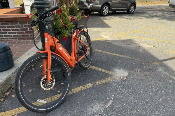 A rental e-bike parked in Vineyard Haven