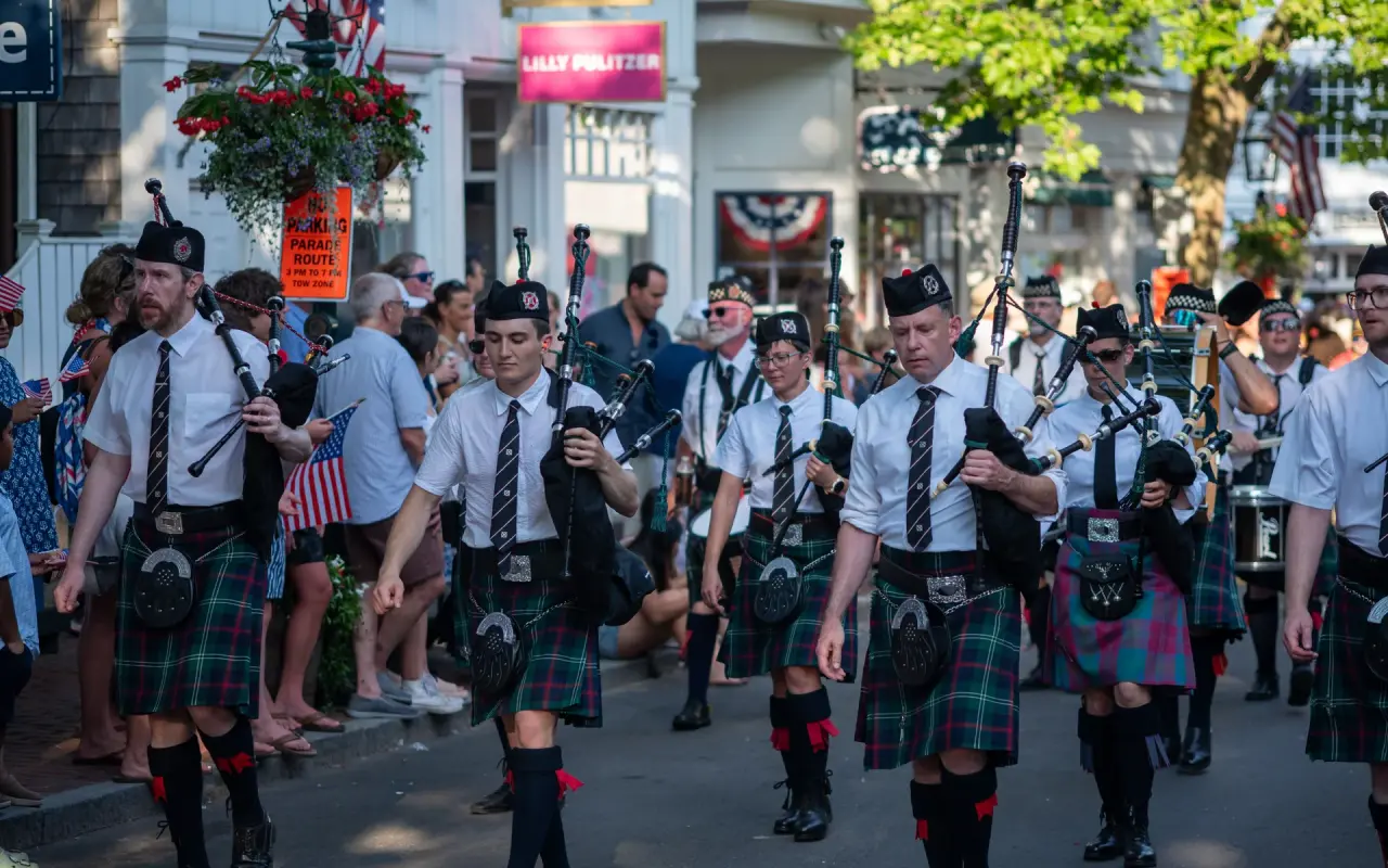 Martha's Vineyard Scottish Society bagpipers in the Edgartown Fourth of July parade