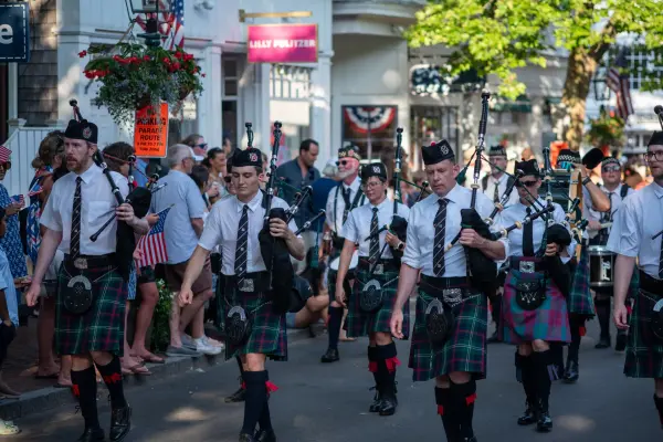 Martha's Vineyard Scottish Society bagpipers marching in the Edgartown Fourth of July parade