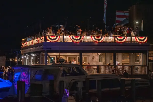 The Seafood Shanty lit up over Edgartown Harbor on the Fourth of July night
