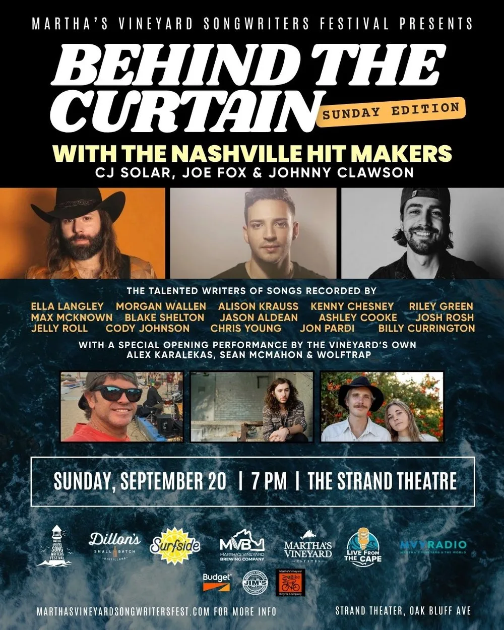The Sunday poster for the 2026 Martha's Vineyard Songwriters Festival: Behind the Curtain, Sunday Edition, with the Nashville hit makers and the island openers