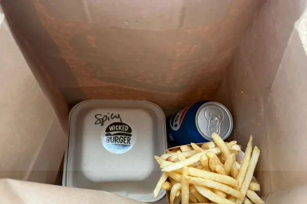 Takeout from Wicked Burger: the Spicy Wicked headed for the beach.
