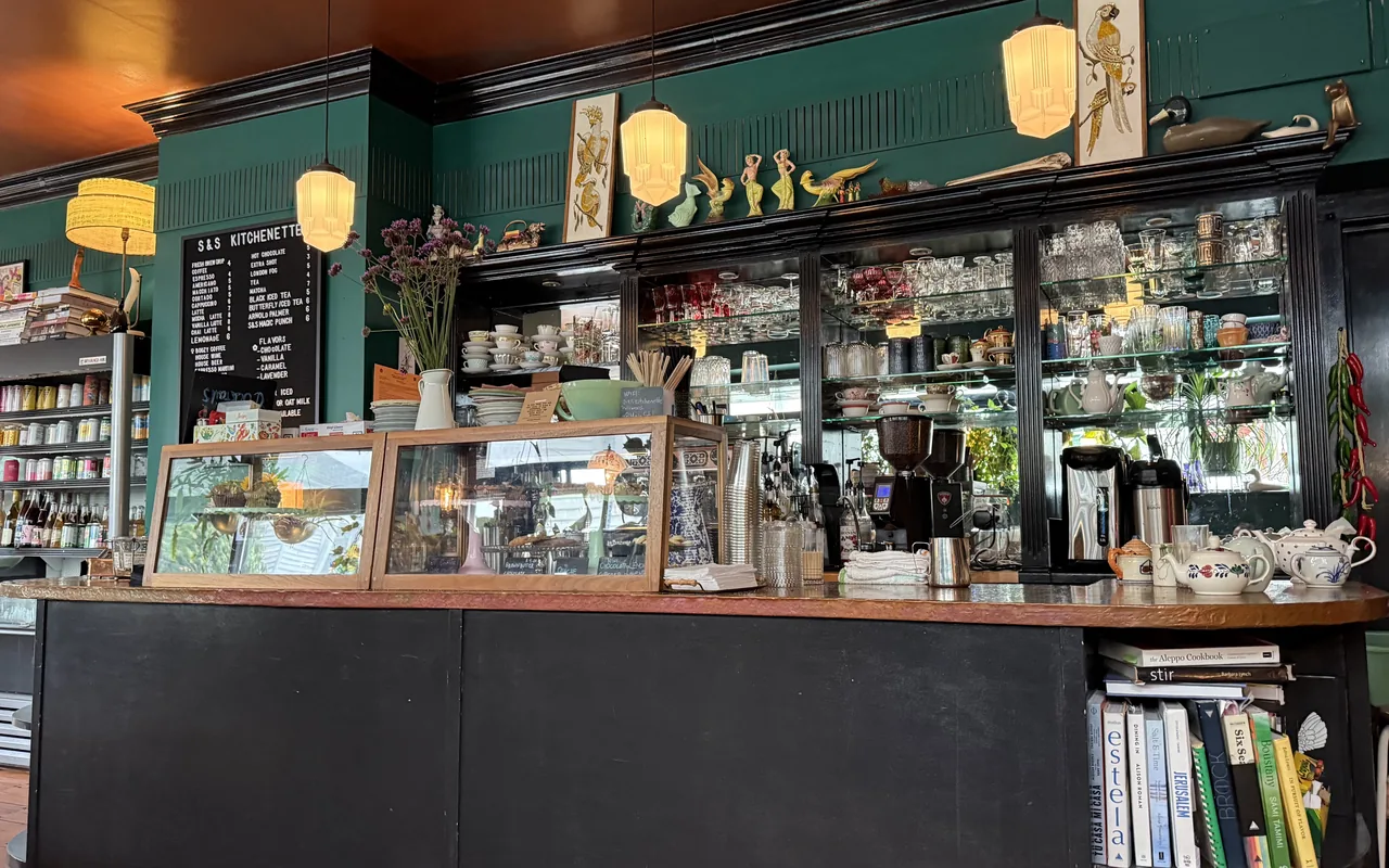 Coffee bar and menu board inside S and S Kitchenette in Vineyard Haven
