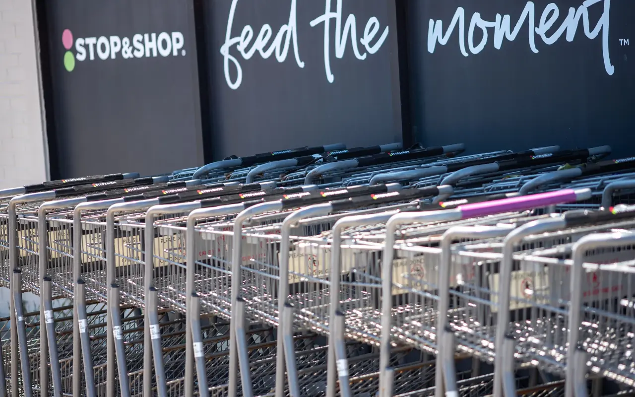 Rows of shopping carts stacked outside a Stop and Shop store