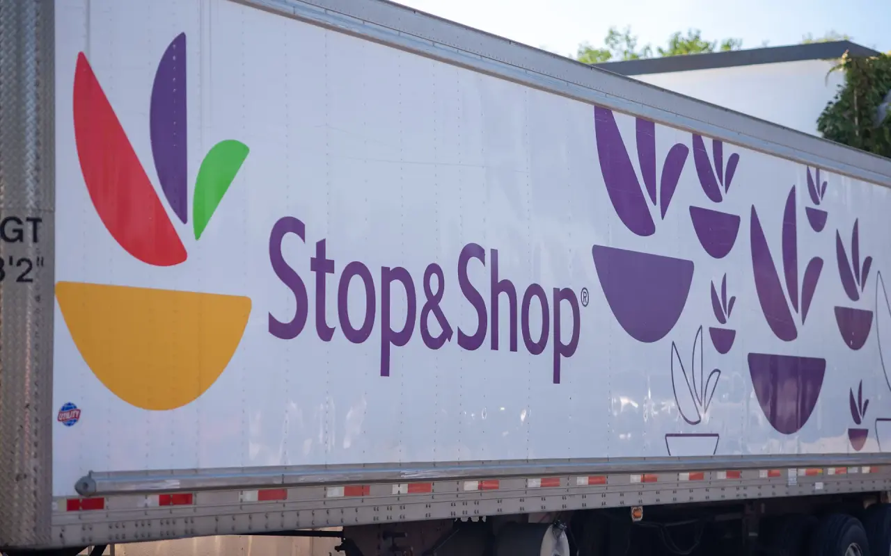 Side of a white Stop and Shop tractor trailer