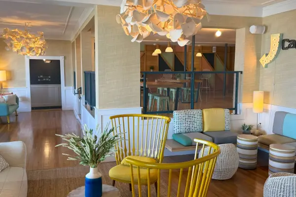 The playful retro lobby at Summercamp, Oak Bluffs' harborfront hotel