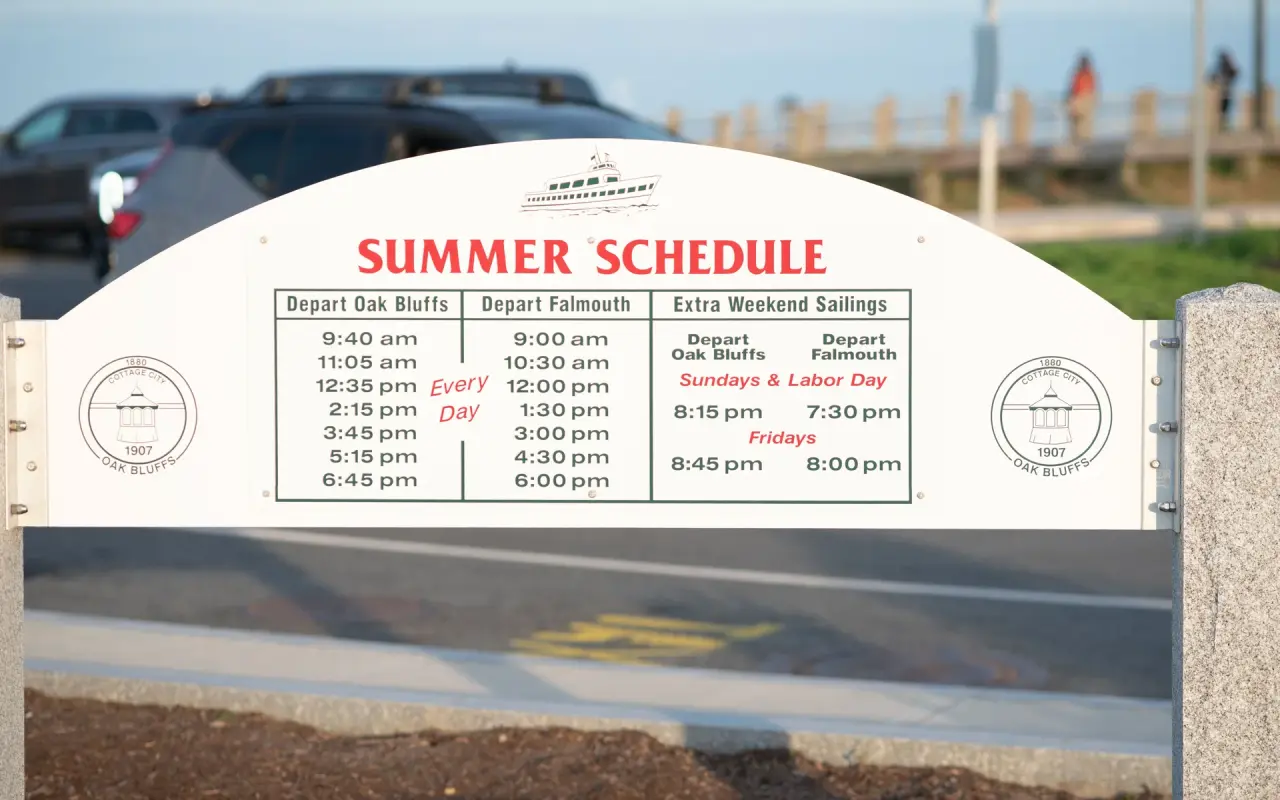 Island Queen summer schedule board at the Oak Bluffs dock