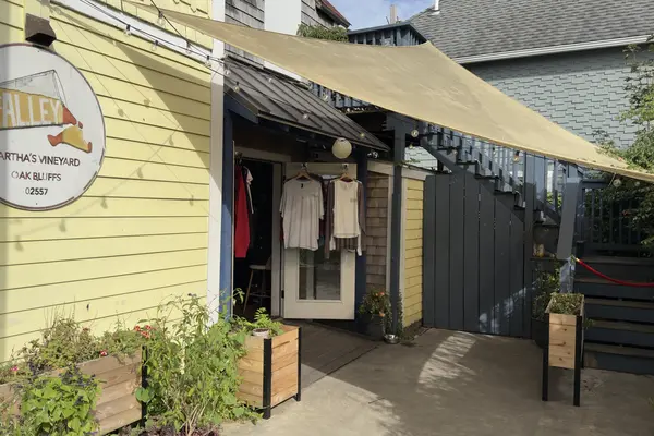 The Alley's entrance under the shade sail, merch hanging in the door