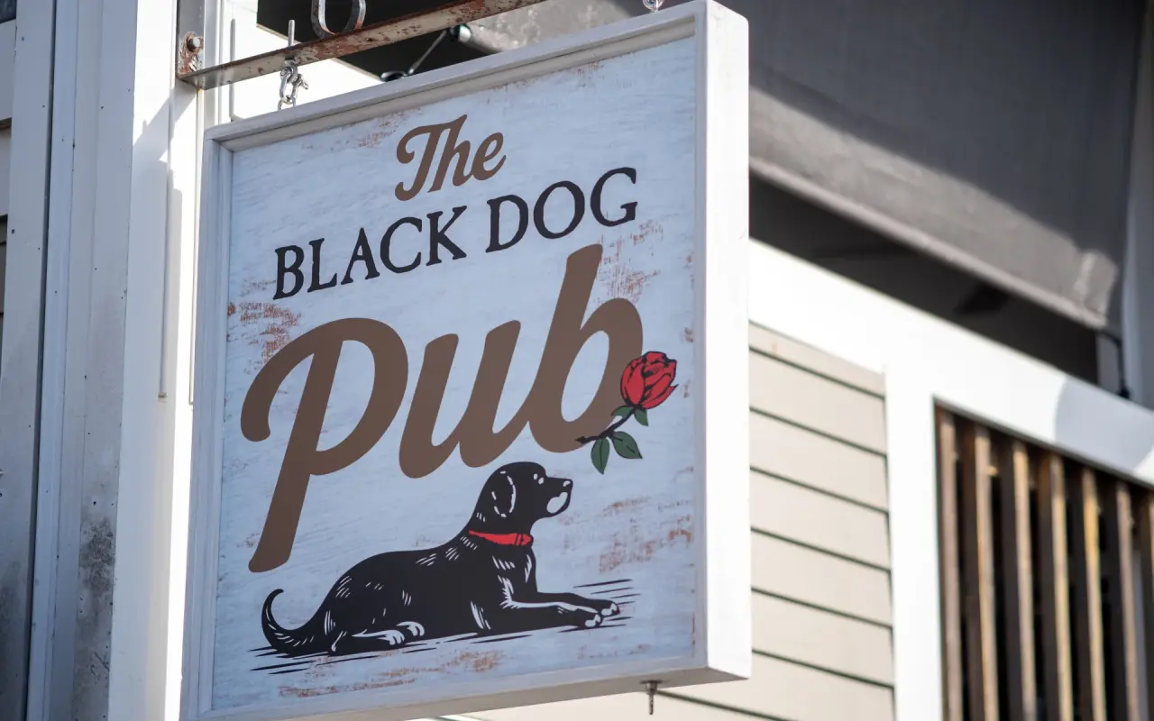 The Black Dog Pub hanging sign in Oak Bluffs
