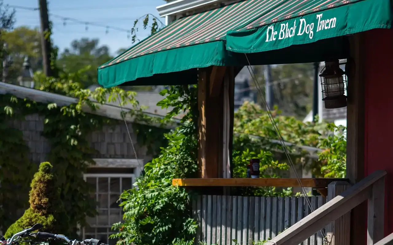 Bicycles leaning on a wooden fence outside the Black Dog Tavern with its green awning