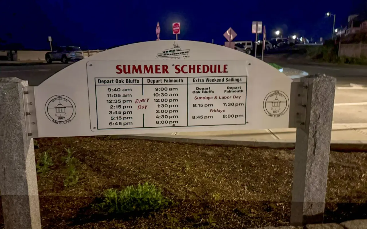 Island Queen ferry summer 2026 schedule sign at Oak Bluffs
