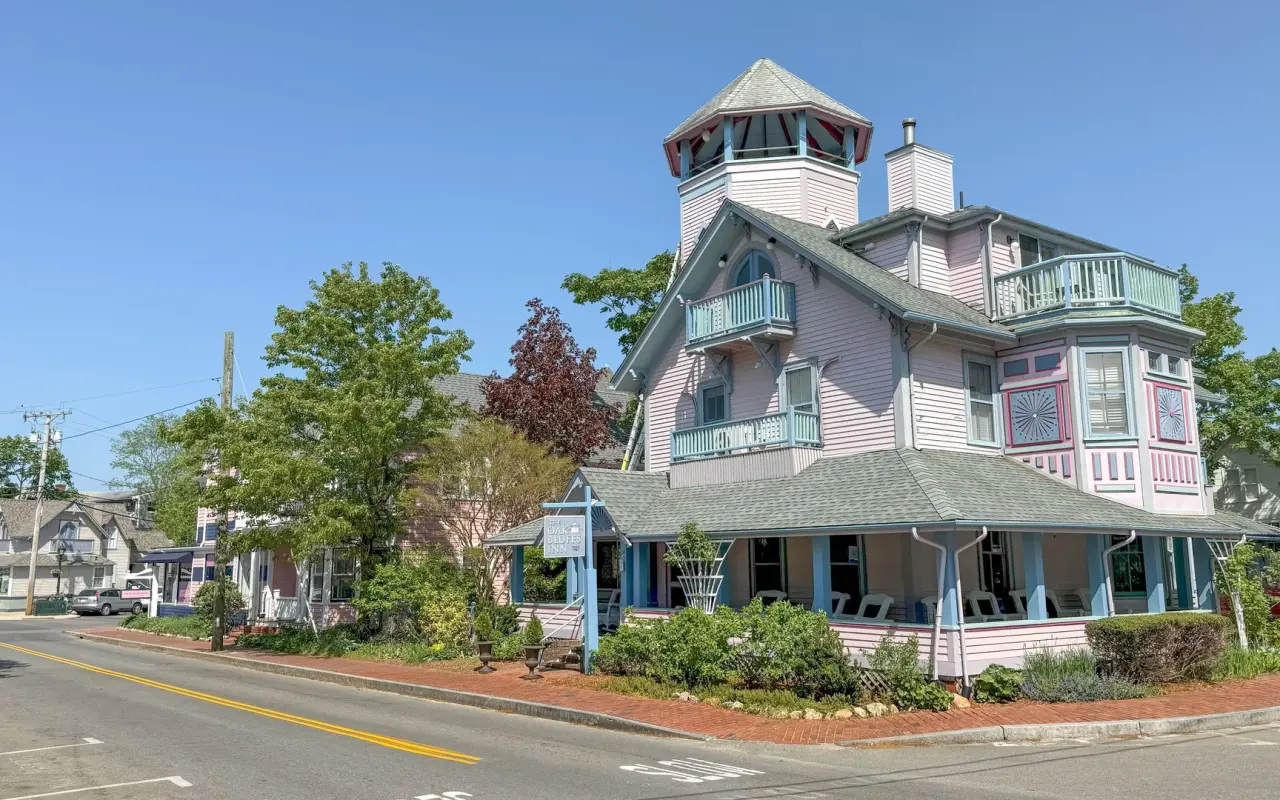 Oak Bluffs Inn, a pink Victorian with a lookout tower at the top of Circuit Avenue