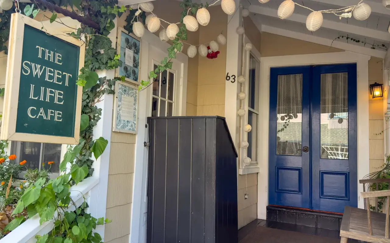 Blue front doors of the Sweet Life Cafe in Oak Bluffs