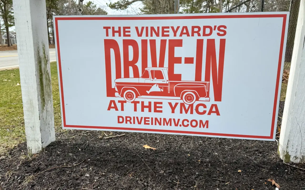 Sign for The Vineyards Drive-In movie theater at the YMCA on Marthas Vineyard