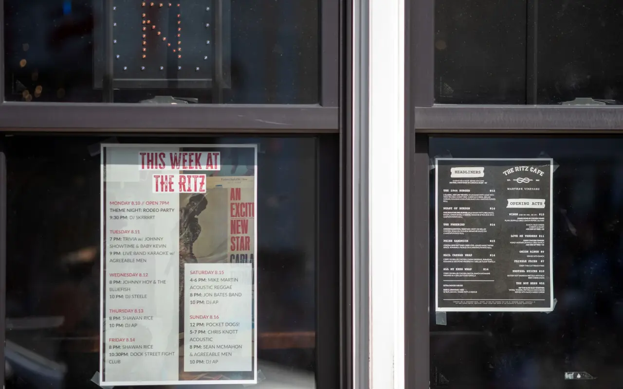 This Week at the Ritz music poster in the window of the Ritz Cafe in Oak Bluffs